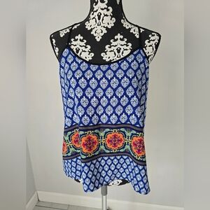 Love Treeblue camisole top with white diamond pattern and colorful border size S